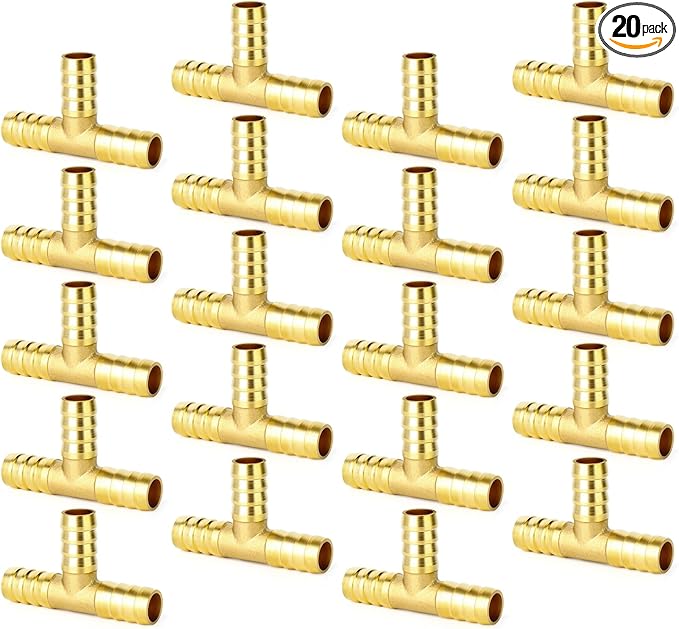GASHER 20 Pieces Brass Hose Barb Tee, 3-Way Tee Hose Fitting (5/16" x 5/16" x 5/16" Hose Barb)