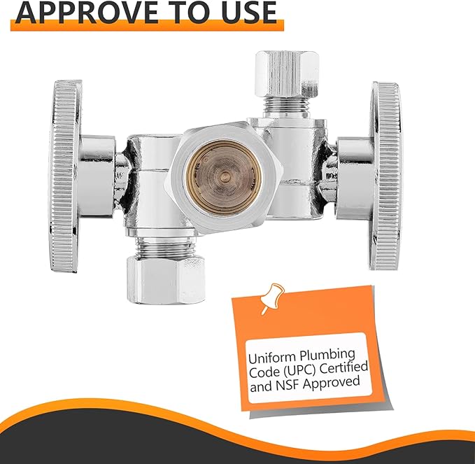 5-PCs HeSun Dual Shut Off Angle Valve, 1/2" Nominal (5/8"OD) x 3/8" OD x 1/4" OD Compression, 1/4-Turn Stop Valve with 2 Shut Offs, PEX Chrome Plated Brass(VALVE137-5)