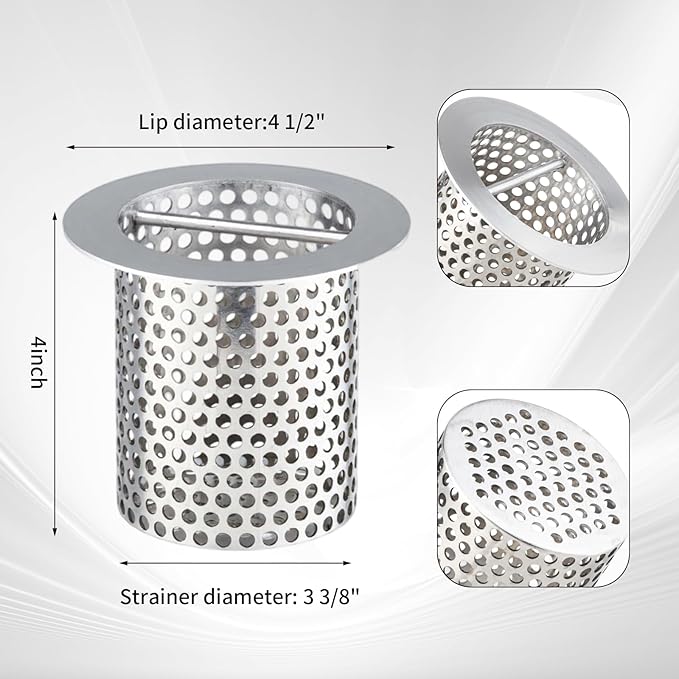 Commercial Floor Drain Strainer, 4 1/2" Lip Diameter x 4" Tall 316 Perforated Cylindrical Mesh Stainless Steel Drain Strainer with Carry Handle for Restaurant/Factory/Kitchen/Laboratory