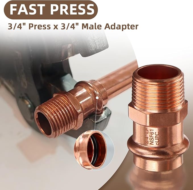 Copper Press Fittings Adapter,12PCS Plumbing 3/4” Press Fittings x 3/4” Male NPT Copper Press Male Adapter Pressure Coppers Fitting, 3/4” Male NPT x 3/4” Press LF Coppers Press Adapter Fittings
