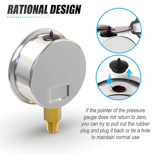 MEANLIN MEASURE -30inHG~0Psi Stainless Steel 1/8" NPT 2.5" FACE DIAL Vacuum Pressure Gauge, Lower Mount, with 1/4" NPT and 3/8" NPT Hex Bushing