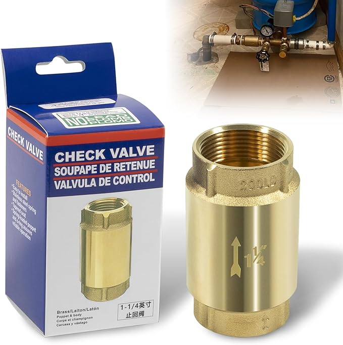 In-Line Check Valve No-Lead Brass Backflow Prevention One Way Check Valves 1-1/4" Female Pipe Thread for most pumps, 1.25'' FNPT × 1.25'' FNPT