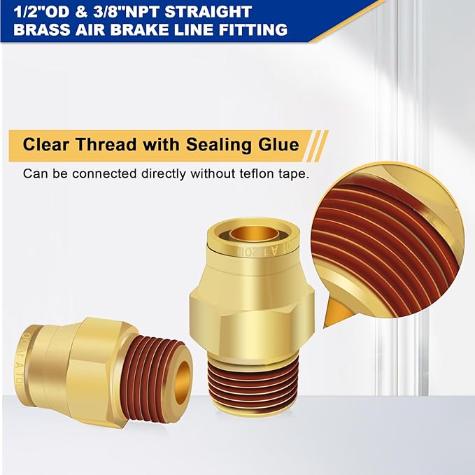 1/2" Brass Push to Connect DOT Air Brake Fittings, 3PCS Air Line Quick Connect Fittings 1/2" Tube OD x 3/8" NPT Connector Tube to Male Pipe for Truck Trailers Air Brake System