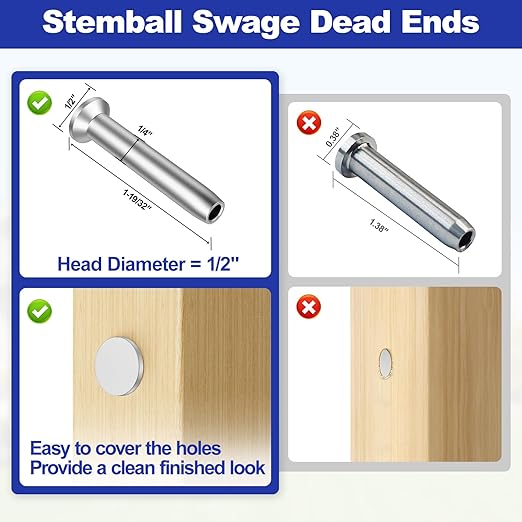 BLIKA 20Pack 1/8" Stainless Steel Stemball Swage Dead Ends for Deck Cable Railing, Invisible Cable Railing Hardware for Wood/Metal Posts, 1/8" Stemball Swage Terminal, Stemball Swage Cable Railing