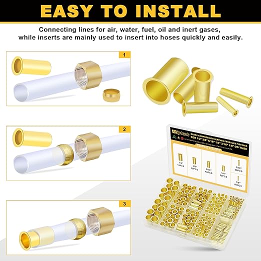 Siptenk 236PCS Brass Compression Tube Inserts for OD 1/2" 3/8" 5/16" 1/4" 3/16" 1/8", 6 Sizes Tubing Insert Brass Ferrule Fitting Assortment Kit