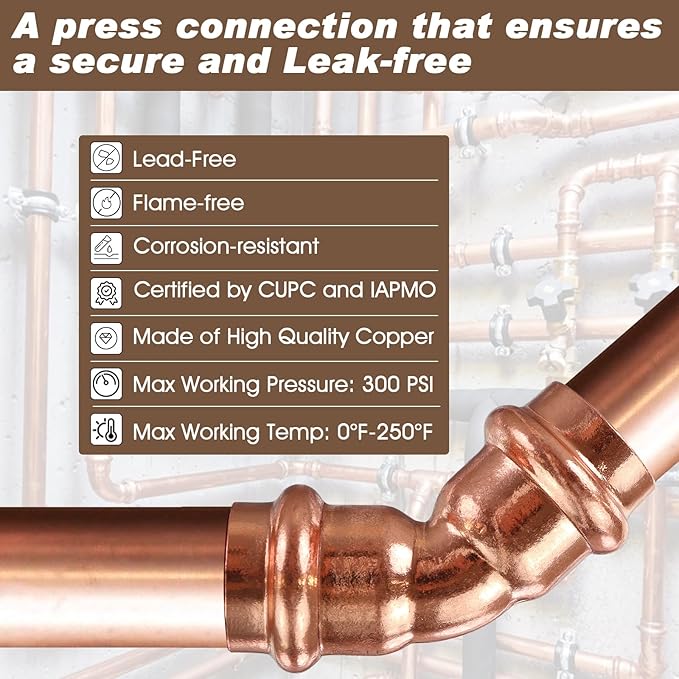 12PK Copper Press Fittings 3/4 inch 45-Degree Elbow Copper Coupling Zero Lead PxP 3/4”x3/4”,45 Degree Elbow Fittings for Copper Tube Connection&Plumbing,OD 7/8",Use with Hydraulic Press Fitting Tool
