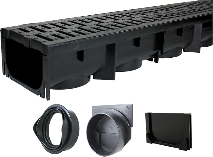 URA WATER - Model UA-100 - Drainage Trench Set - Channel Drain With Grate - Black Plastic - 1 x 39" Long