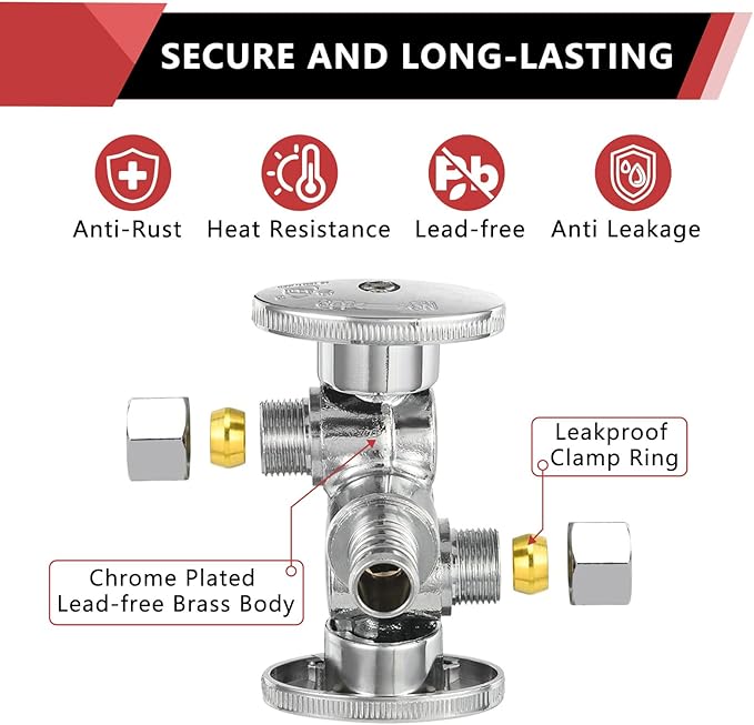 EFIELD 1/4 Turn Dual Compression Outlet Angle Stop Valve with 2 Shut Off Valve/Handles, 1/2" Barb Crimp Pex Pipe Inlet X (3/8 inch x 3/8 inch),Pack of 1 Brass,(VALVE175)
