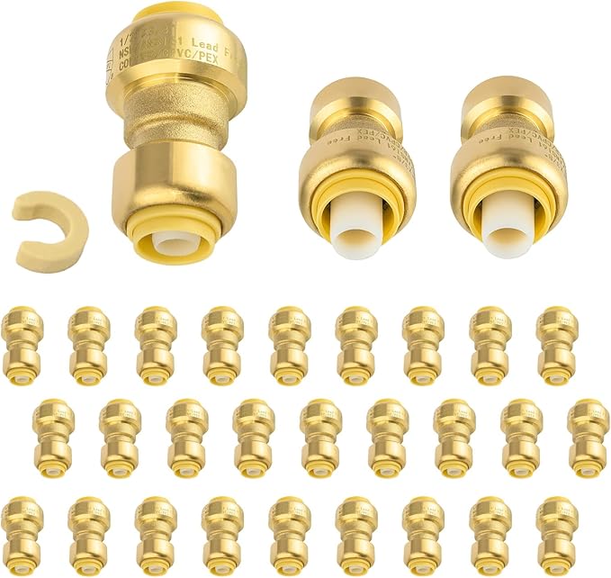 (Pack of 30) Niikappu 1/2" x 3/8" Reducing Coupling Brass Fittings, Push-to-Connect Plumbing Fitting for Pex, Copper, CPVC, Includes Removal Clip