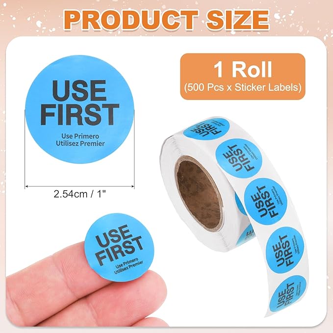 PATIKIL 500 Pcs USE First Stickers, 1 inch Round Use First Stickers Food Service Circle Inventory Control Adhesive Labels for Food Service Kitchen Restaurants Retail Storage Date, Blue