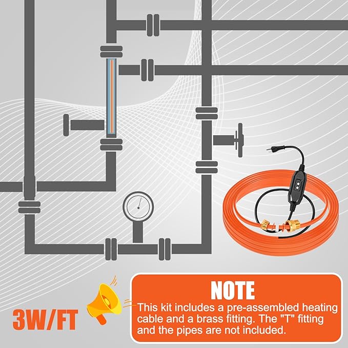 10 Ft In Pipe Heating Cable Prevents Pipe from Freezing, Internal Self Regulating Heat Trace Cable for Safe Drinking Water, 3/4 NPT Fitting, 120 V, 3 W/FT