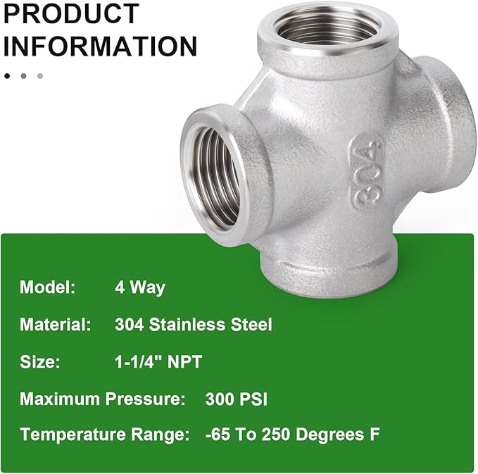 TAISHER 1PCS Stainless Steel 4 Way Pipe Fittings, 1-1/4" x 1-1/4" x 1-1/4" x 1-1/4" NPT Female Pipe Fittings