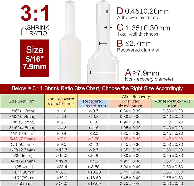 Chanzon 3:1 Ratio - 80ft Roll - Heat Shrink Tubing 5/16" (7.9mm) - Marine Grade Waterproof Adhesive Lined - (25M Total Length) White Polyolefin Sleeving Wrap Shrinking 3 to 1 Ratio 1pcs