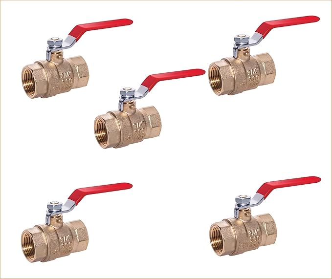 EZ-Fluid Heavy Duty 1-1/4" NPT Female Threaded IPS Brass Ball Valve Full Port Water Stop Shut Off, LF,Quarter Turn,Red Handle (5-Pack)