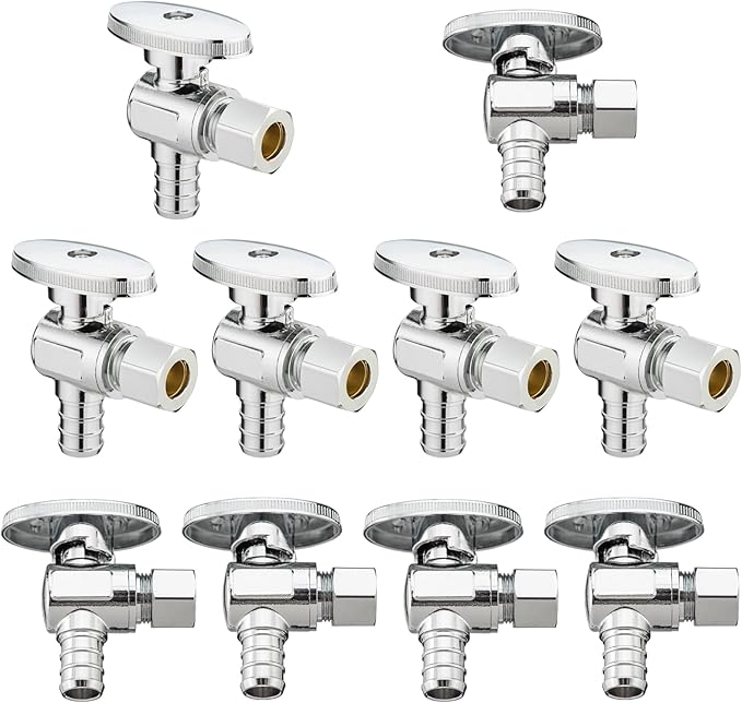 (10 Pack) Lidertik 1/2 inch Crimp PEX-B Angle Stop Valve 1/2 inch x 3/8 inch Compression for Water Toilet Bathroom Sink Brass Plated Chrome 1/4 Turn Valve LI-JF1-1807-A(10 PCS)