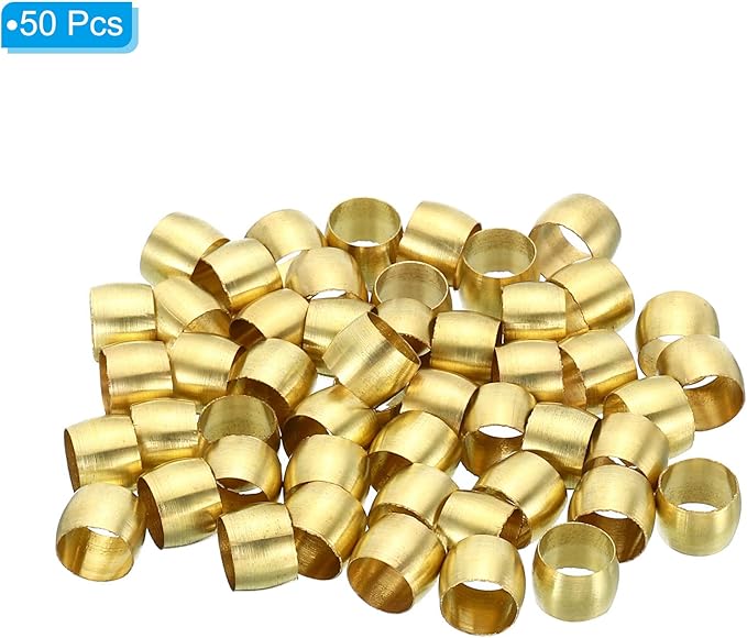 PATIKIL 6mm Tube OD Brass Compression Sleeves Ferrules, 50 Pack Brass Ferrule Fitting Brass Compression Fitting Assortment Kit for Air Water Gas Pipe