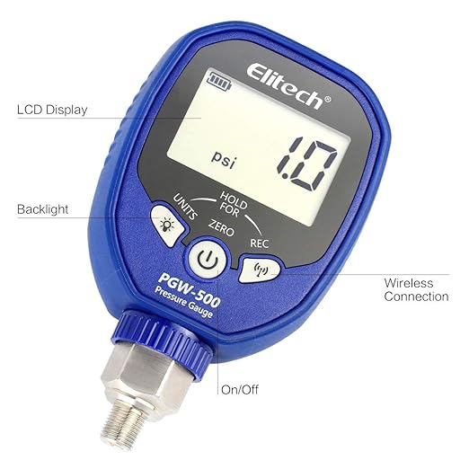 Elitech PGW-500 Wireless Digital Pressure Gauge HVAC IP65 Waterproof -14.5~500 PSI 1/8'' NPT