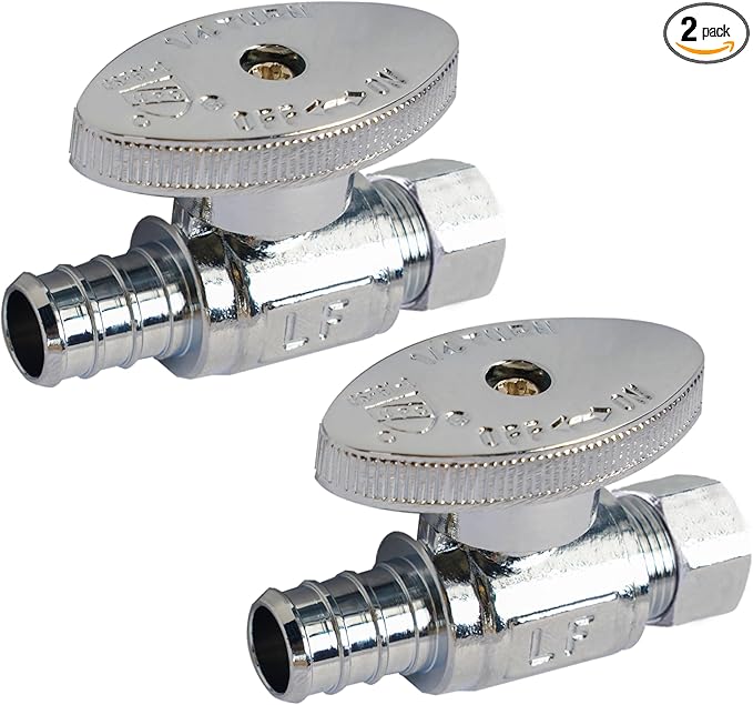 Hourleey 2 Pack Straight Stop Valve, Water Shut Off Valve 1/2" PEX x 3/8" OD Compression, Quarter Turn Chrome Plated Brass Valve for Faucets and Toilets