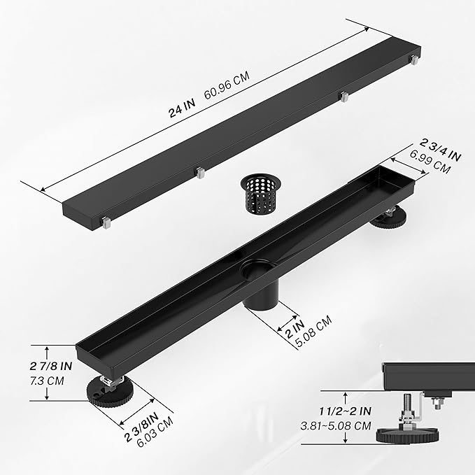 Linear Shower Drain.24 Inch Shower Trench Drain with 2-in-1 Flat Cover & Inser Cover,304 Stainless Rectangle Steel Shower Floor Drain with Hair Strainer and Leveling Feet (Black, 24 in)