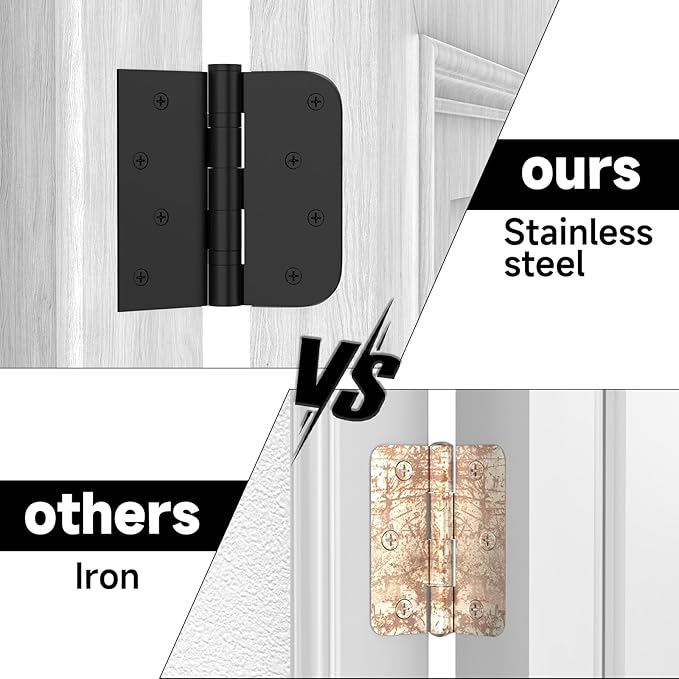 3 Pack Black Door Hinges, Heavy Duty Stainless Steel Hinges, 4in x 4in Exterior and Interior Door Hinges with Square & Round Corners, Removable Pin, for Residential Doors