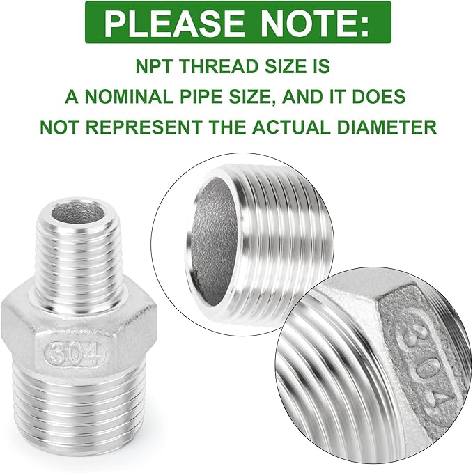 TAISHER 10PCS Cast 304 Stainless Steel Hex Nipple, Reducer Pipe Fitting 1/4-Inch Male Pipe x 1/8-Inch Male Pipe