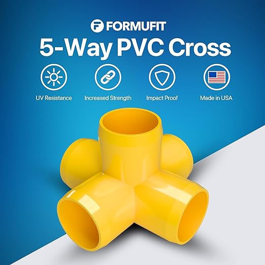 FORMUFIT 3/4" 5-Way Cross Furniture Grade PVC Fitting in Yellow, Made in USA, UV-Resistant, Impact-Proof, 1.050” Actual Socket Diameter (Pack of 8) - F0345WC-YE-8