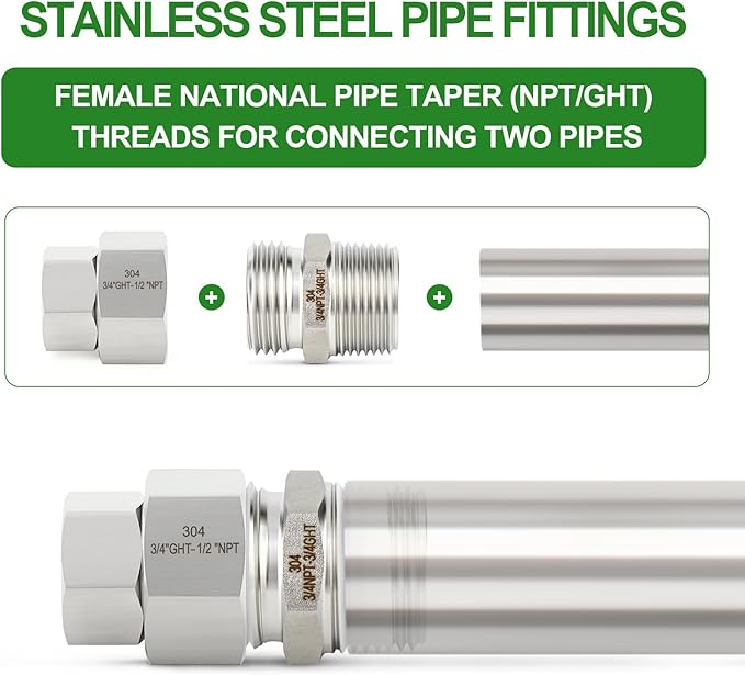 TAISHER 2PCS 304 Stainless Steel Garden Hose Adapter, 3/4" GHT Female x 1/2" NPT Female Garden Hose Connector with Washers