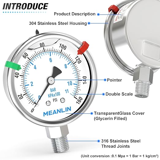 MEANLIN MEASURE 0~160Psi Stainless Steel Liquid Filled Pressure Gauge 2.5"FACE DIAL 1/4"NPT for Air Compressor RV Regulator Water Pressure Tester Lower Mount with Stainless Steel Hex Bushing and Snaps