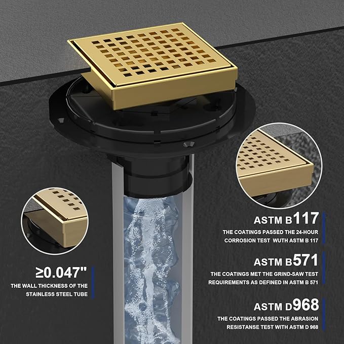 4 Inch Square Shower Drain | Brushed Gold Shower Drain with Flange, Hair Strainer & Removable Grid Cover, AISI 304 Stainless Steel Shower Floor Drain, in Bathroom, Kitchen, Balcony etc