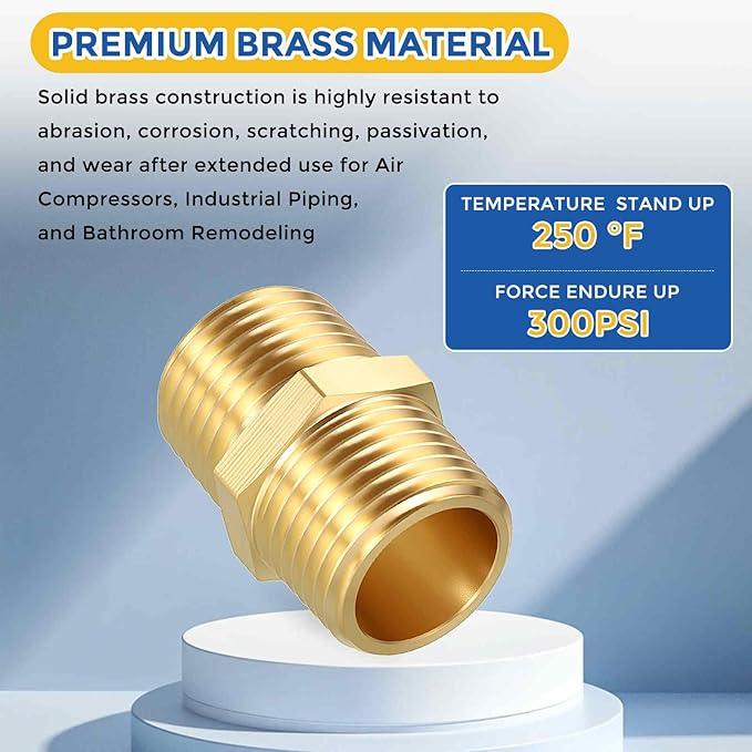 10 Pack Brass Pipe Fittings, 1/2" Male NPT to 1/2" Male NPT Brass Hex Nipple, Male Pipe Adapter Reducer for Air, Oil, LP