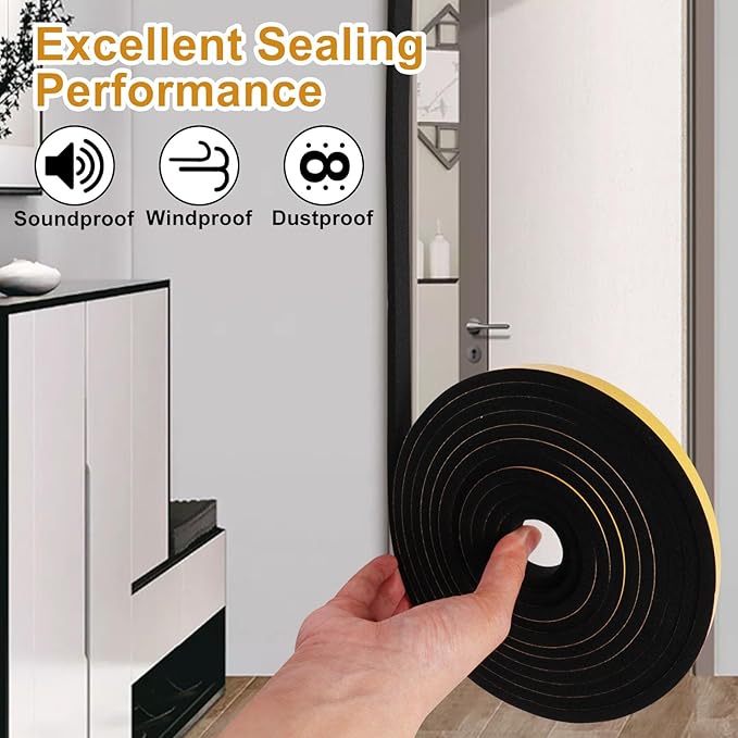 Weather Stripping Door Seal Strip, Strong Adhesive, Cold Insulation, Weatherproof, High Density Foam Insulation Tape for Doors, Windows, Sliding Door, Black (1/2 in x 1/4 in x 13 Ft)
