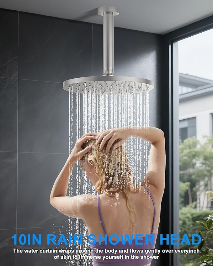 Shower System with Pressure Balance Valve, 10" Ceiling Mount Shower Faucet Set with 2 Rain Head and Multi-function Handheld Push Button Diverter Valve Kit,Brushed Nickel