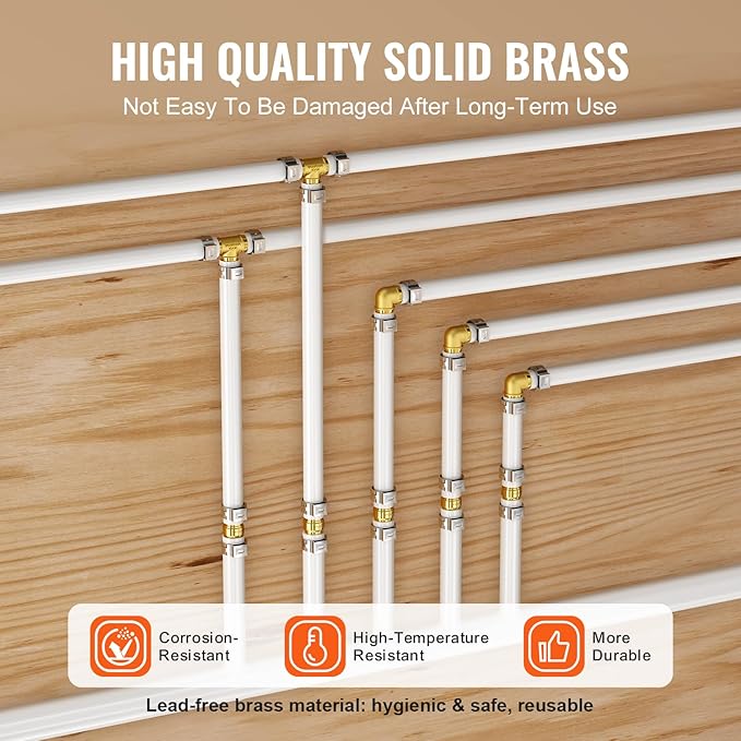 VEVOR Pipe Fittings, 1/2" 50PCS Brass Pipe Fittings, Clamp-style Tee Pipe Connector Brass Air Fittings, Heavy Duty Plumbing Fittings Tube Adapter for Heating/Shower Systems,Outdoor Water Pipes