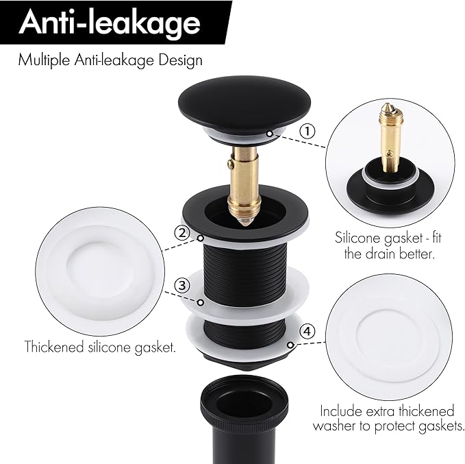 KES Bathroom Sink Drain Pop Up Drain Without Overflow, Vessel Sink Stopper Matte Black, All Metal Rustproof Brass and 304 Stainless Steel, S2008S62D-BK