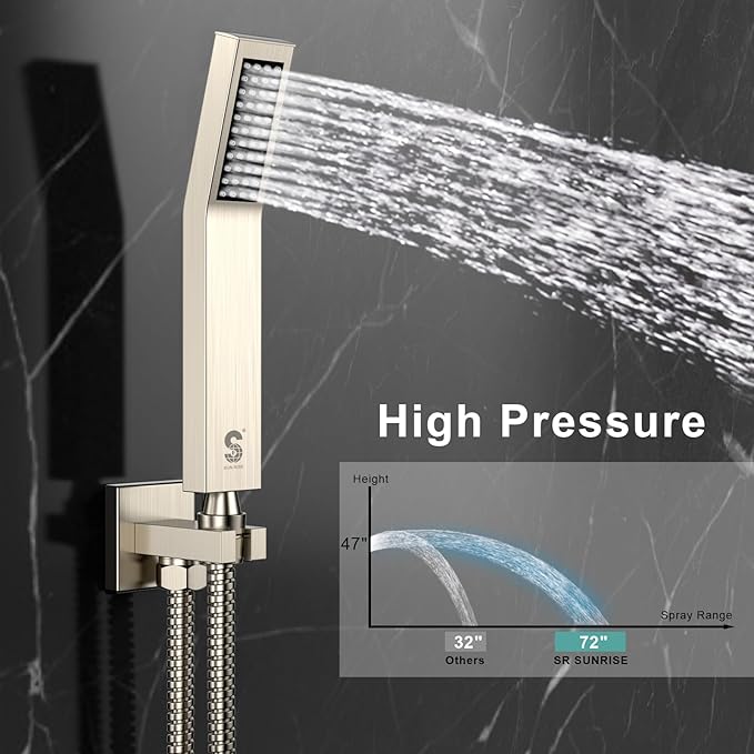 SR SUN RISE 12 Inches All Metal Shower System with Tub Spout Square Rain Shower Head and Handheld Combo Shower Fixtures, Bathtub Faucet Set, Shower Valve and Trim Kit, Brushed Nickel