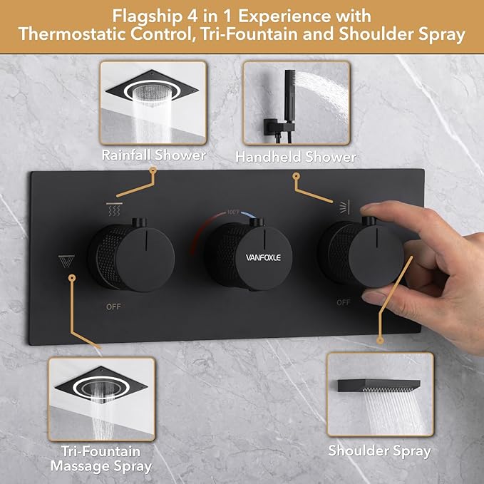 VANFOXLE Shower Faucet Set Matte Black Shower System,Shower Faucet with 2 in 1 Handheld,Ceiling Mount 19 Inch Shower Head+14 Inch Shoulder massager