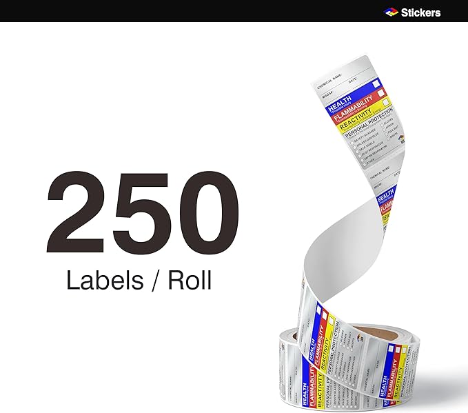 SDS Labels Stickers, Roll of 250 OSHA Ghs Hmis Labels Stickers for Chemical Safety, Ghs Label for Secondary Containers, HMIS & Hazard Compliant, MSDS Label
