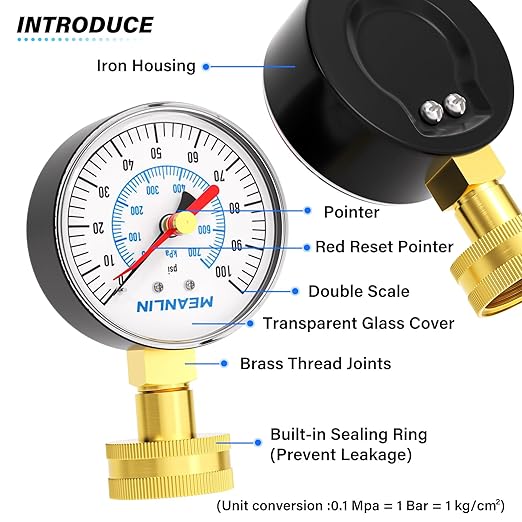 MEANLIN MEASURE 0~100Psi 3/4" Female Water Pressure Test Gauge, 2.5" FACE DIAL with Red Indicator Hands, Hydraulic Tester Suitable for Gardens, Water Pipes