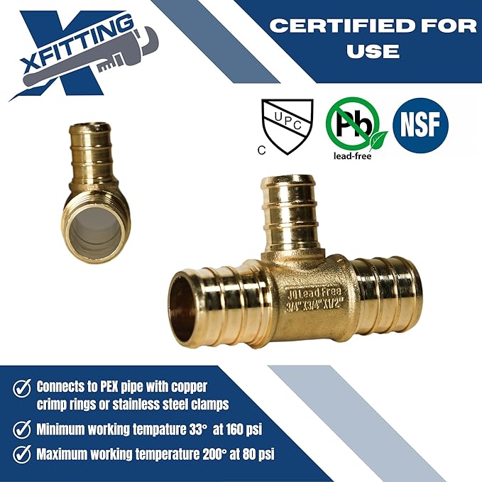 XFITTING 3/4 inch x 3/4 inch x 1/2 inch Pex Tee, Pex B Reducing Tee Crimp Version 25-1-1=25X, 25 Pieces