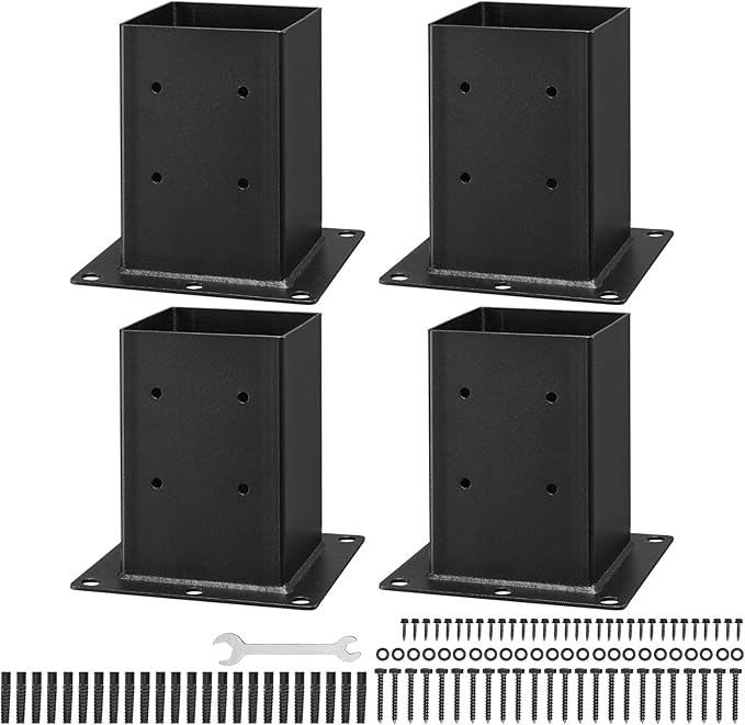 VEVOR 6x6 Post Base 4 Pcs, Inner Size 5.6x5.6 inch / 142x142 mm Post Brackets, Heavy Duty Carbon Steel Decking Posts, Wood Posts Brackets for Pavilion Deck Railing Support Deck Base Plate, Black