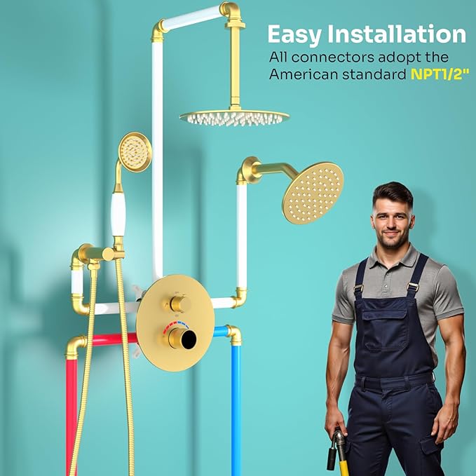 Temperature Display Shower Valve 3 Way Brass Rough-in Mixer and Round Trim Kit, Triple Function Digital Shower Diverter, Brushed Gold