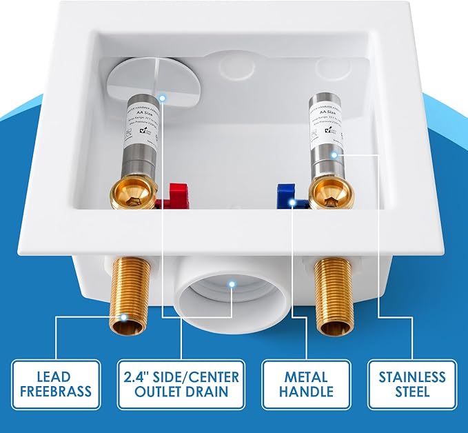 Washing Machine Outlet Box with Stainless Steel Water Hammer Arrestor, 1/2 Inch MIP&Sweat x3/4 Inch MHT with Center Drain, Washer Faucet Recessed Box, Laundry Washer Valve Outlet Box