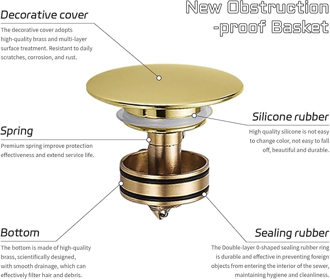 BWE Bathroom One-Piece Pop Up Drain Assembly with Strainer Sink Drain Stopper with Overflow for Bathroom Vessel Vanity Faucet Sink Brushed Gold