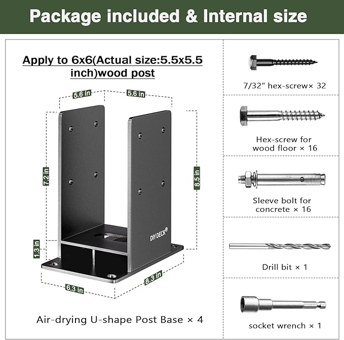 6x6 Post Base (Internal Size 5.6" x 5.6 ") Heavy Duty Stainless Steel Powder-Coated Post Anchor with Air Flow Channel Fence Post Anchor Base for Deck Railing, Pergolas, Fence Pillar, 4Pack