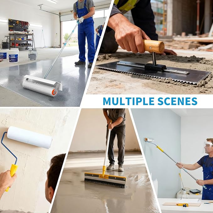 Complete Self Leveling Cement Tool Kit, Professional Epoxy Floor Kit Tools with Spiked Roller with Splash Guard, Spike Shoes, Paint Roller, Trowel, Scraper & Extension Pole