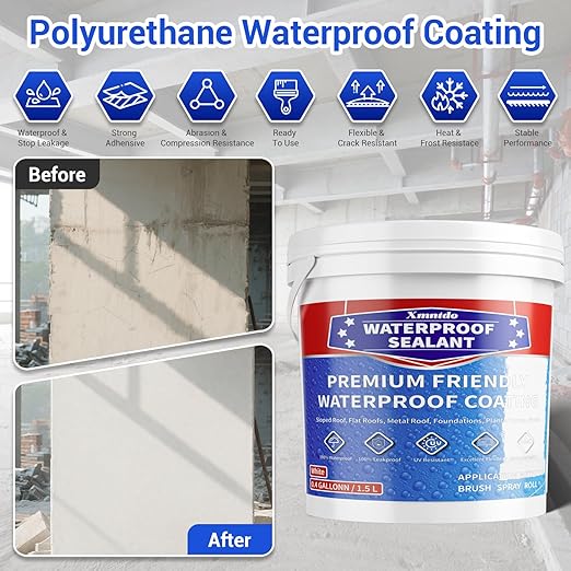 Polyurethane Waterproof Coating, 51 OZ, White, Rubber Coating Multi-Surface Leak Repair Roof, Gutter, Chimney, Basement, Indoor and Outdoor Liquid Water Proof Sealant Coating