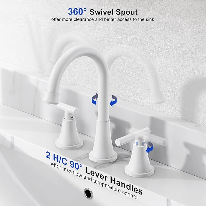Bathroom Faucets for Sink 3 Hole, Hurran White Bathroom Sink Faucet with Pop-up Drain and Supply Lines, Stainless Steel Lead-Free Widespread Faucet for Vanity RV Farmhouse Sink