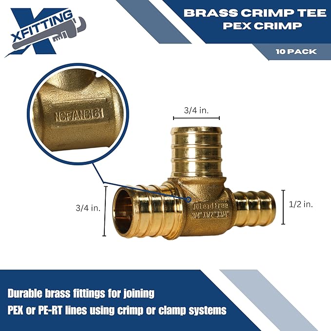 XFITTING 3/4 inch x 1/2 inch x 3/4 inch Pex Tee, Pex B Reducing Tee Crimp Version 25-1-3=10X, 10 Pieces