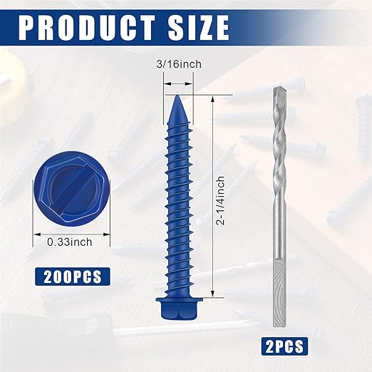 200 Qty 3/16" x 2-1/4" Hex Head Concrete Screws Anchor with Drill Bits Blue Slotted Hex Screws for Anchor Masonry, Block, Brick, Cement, Stucco, Diamond Point and Wood Fastening