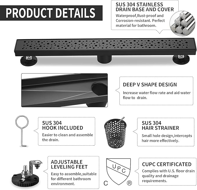Linear Shower Drain 32 Inch, Bubbles Shower Drain SUS-304 Stainless Steel, 51L/Min Fast Drainage Floor Linear Drain, US Standard CUPC Certified, Matte Black, SD-099